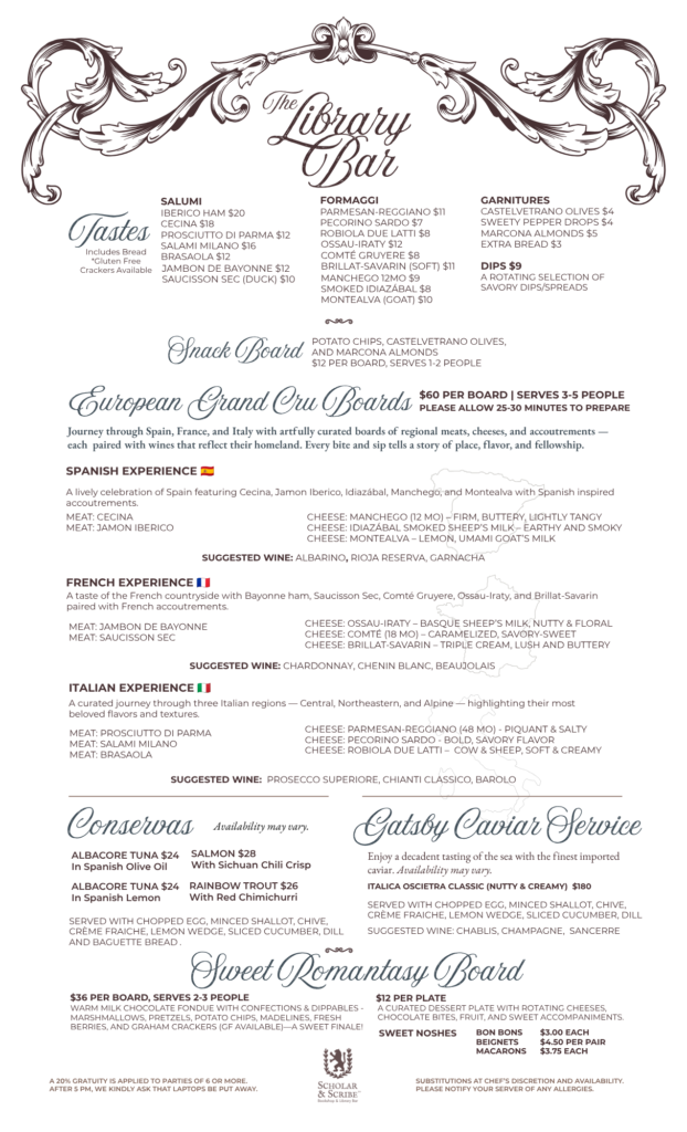 Scholar & Scribe Library Bar Menu